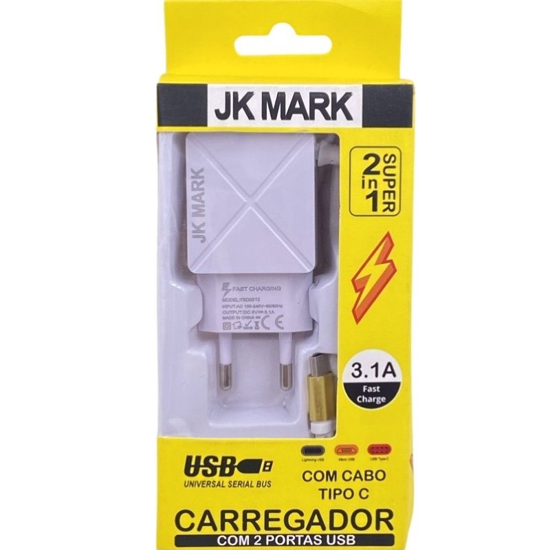 Kit Carregador de Parede Universal Usb Dual JK Mark + Cabo Usb Type C - Dourado