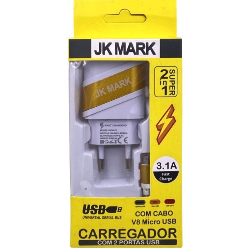 Carregador de Parede Usb Dual JK Mark - Micro Usb/V8 - Branco c/ Dourado
