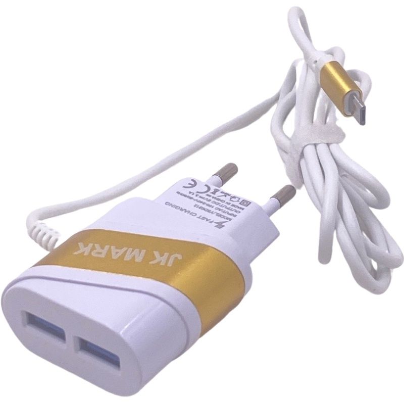 Carregador de Parede Usb Dual JK Mark - Micro Usb/V8 - Branco c/ Dourado