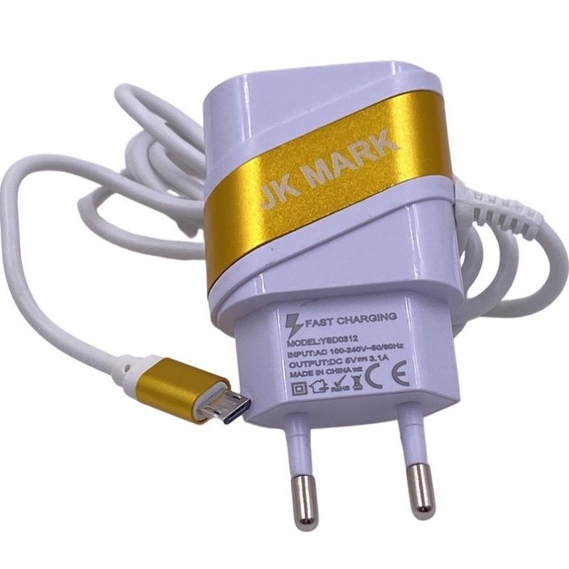 Carregador de Parede Usb Dual JK Mark - Micro Usb/V8 - Branco c/ Dourado