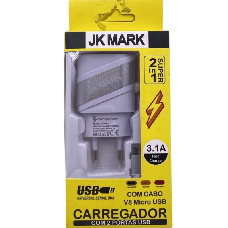 Carregador de Parede Usb Dual JK Mark - Micro Usb/V8 - Branco c/ Prata