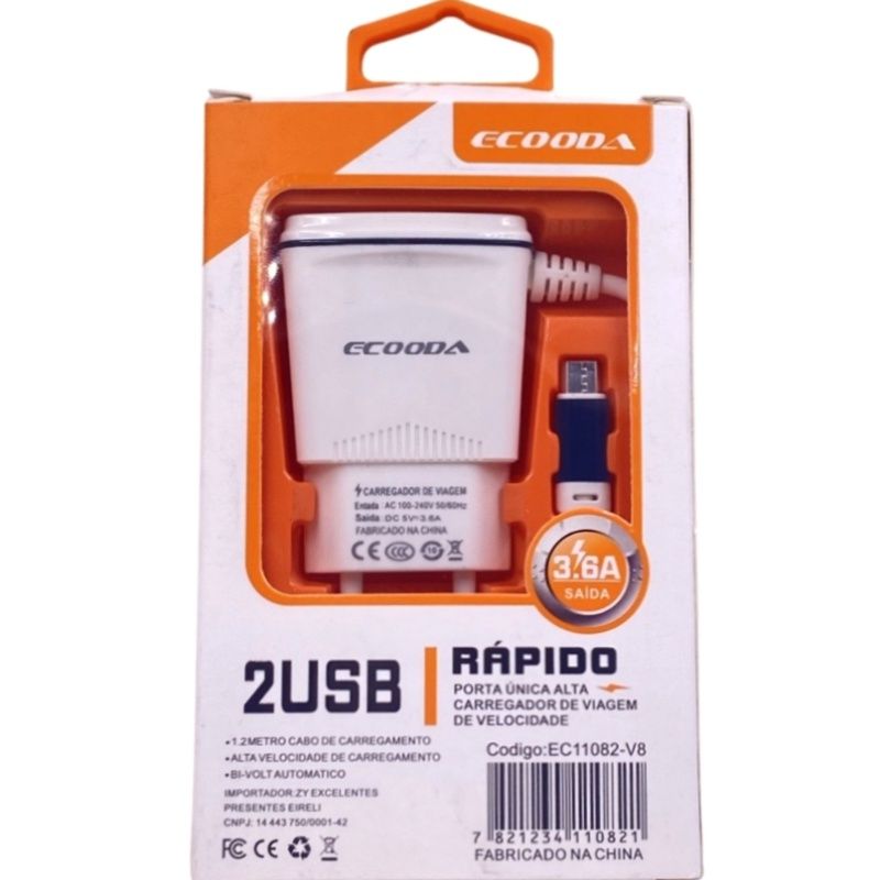 Carregador de Parede Usb Dual Ecooda EC11082 - Micro Usb/V8 - Preto