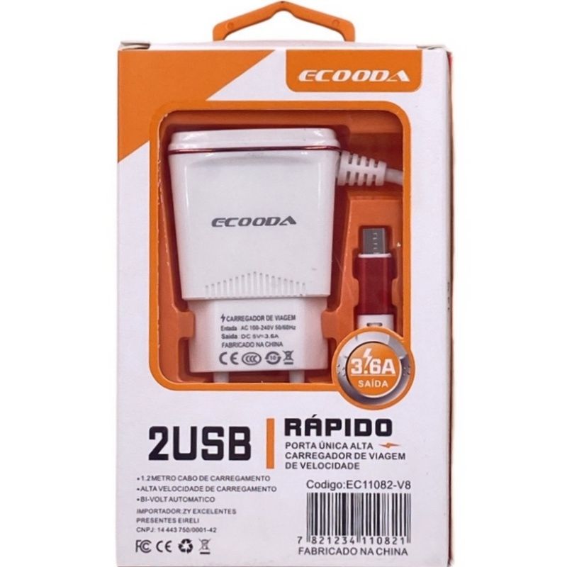 Carregador de Parede Usb Dual Ecooda EC11082 - Micro Usb/V8 - Vermelho