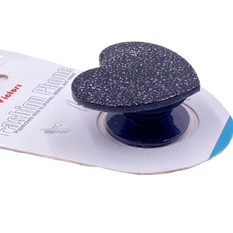 Suporte Pop Socket Brilho - Glitter Coração Preto