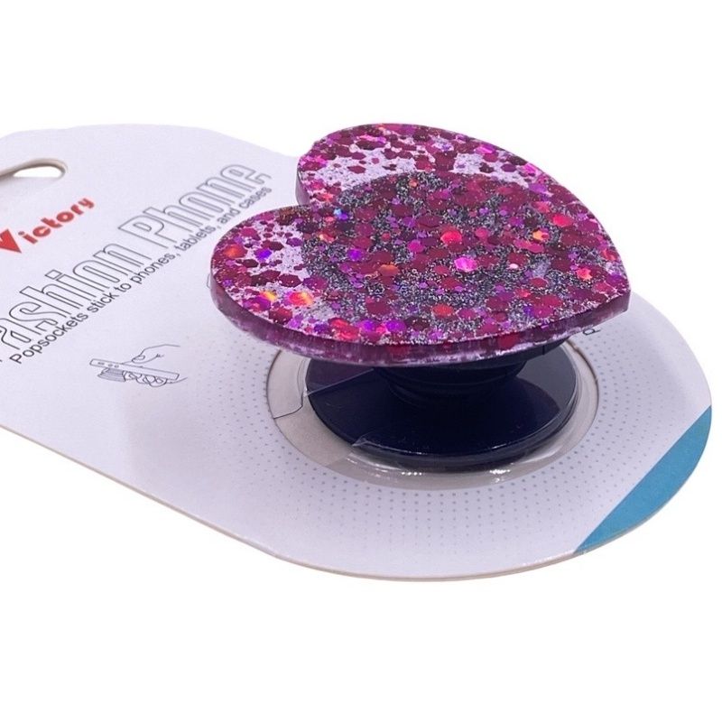 Suporte Pop Socket Brilho - Glitter Coração Pink e Grafite