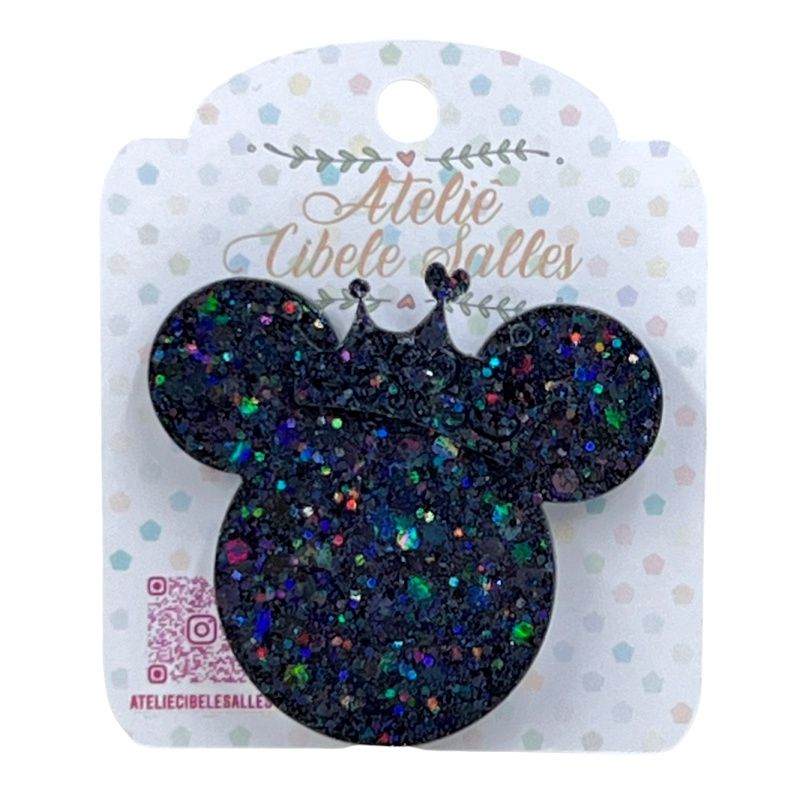 Suporte Pop Socket Brilho - Minnie Confete Coroa Preto