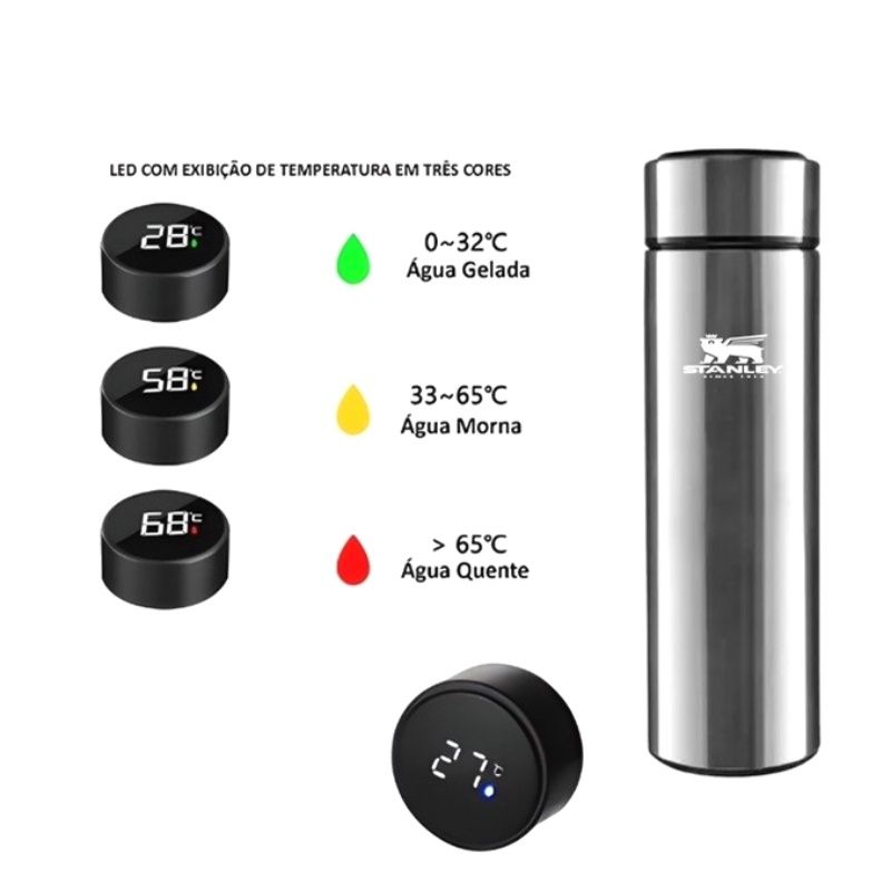 Garrafa Térmica 500ml T&Z c/ Sensor De Temperatura Em Led Touch - Rosa c/ Branco