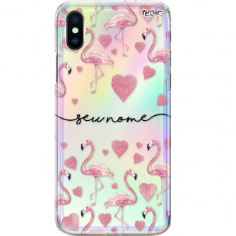 Capa Silicone NetCase Holográfica Nome Flamingos Corações